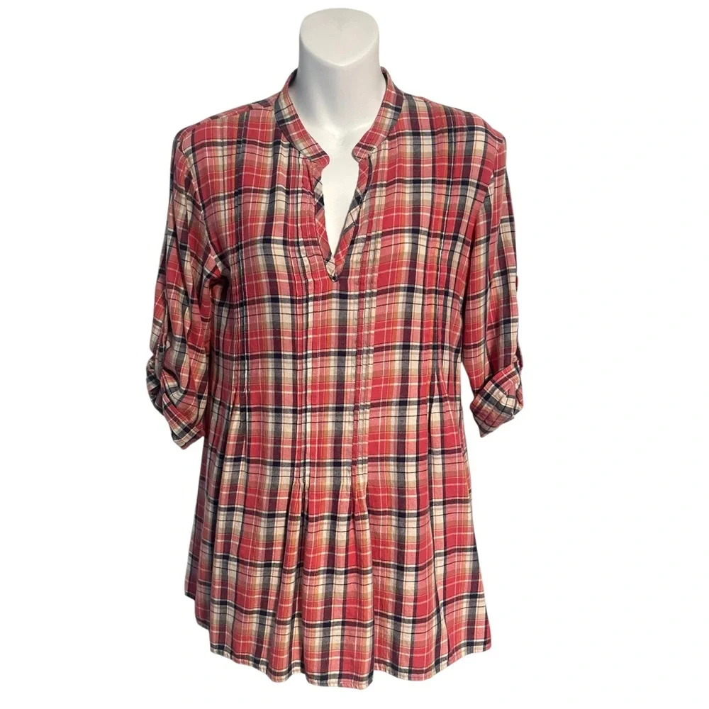 ALTAR'D STATE Plaid Tunic Pleated VNeck Cotton Top Blouse Size Small